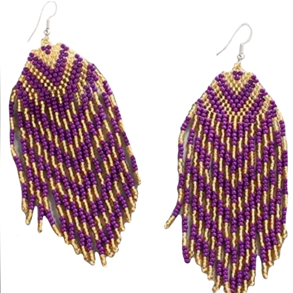 Long 5" Purple Gold Chevron Striped Big Earrings Beaded Oversized Bohemian New - Picture 1 of 10